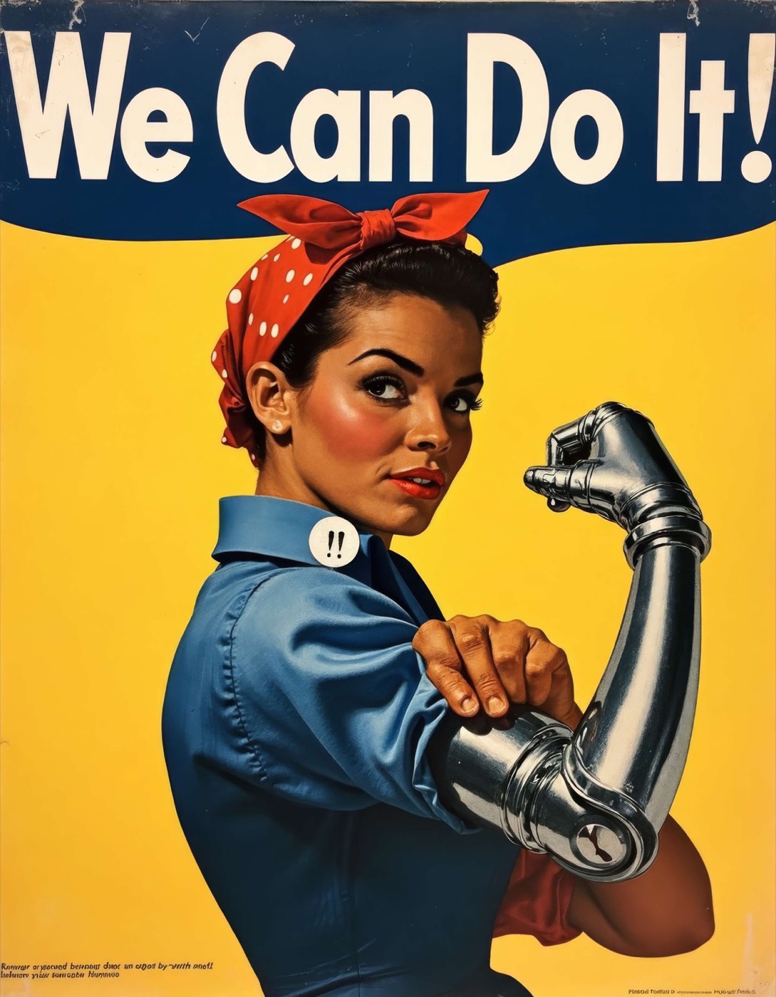 A wartime-style poster of a woman flexing a robotic arm under the words "We Can Do It!"