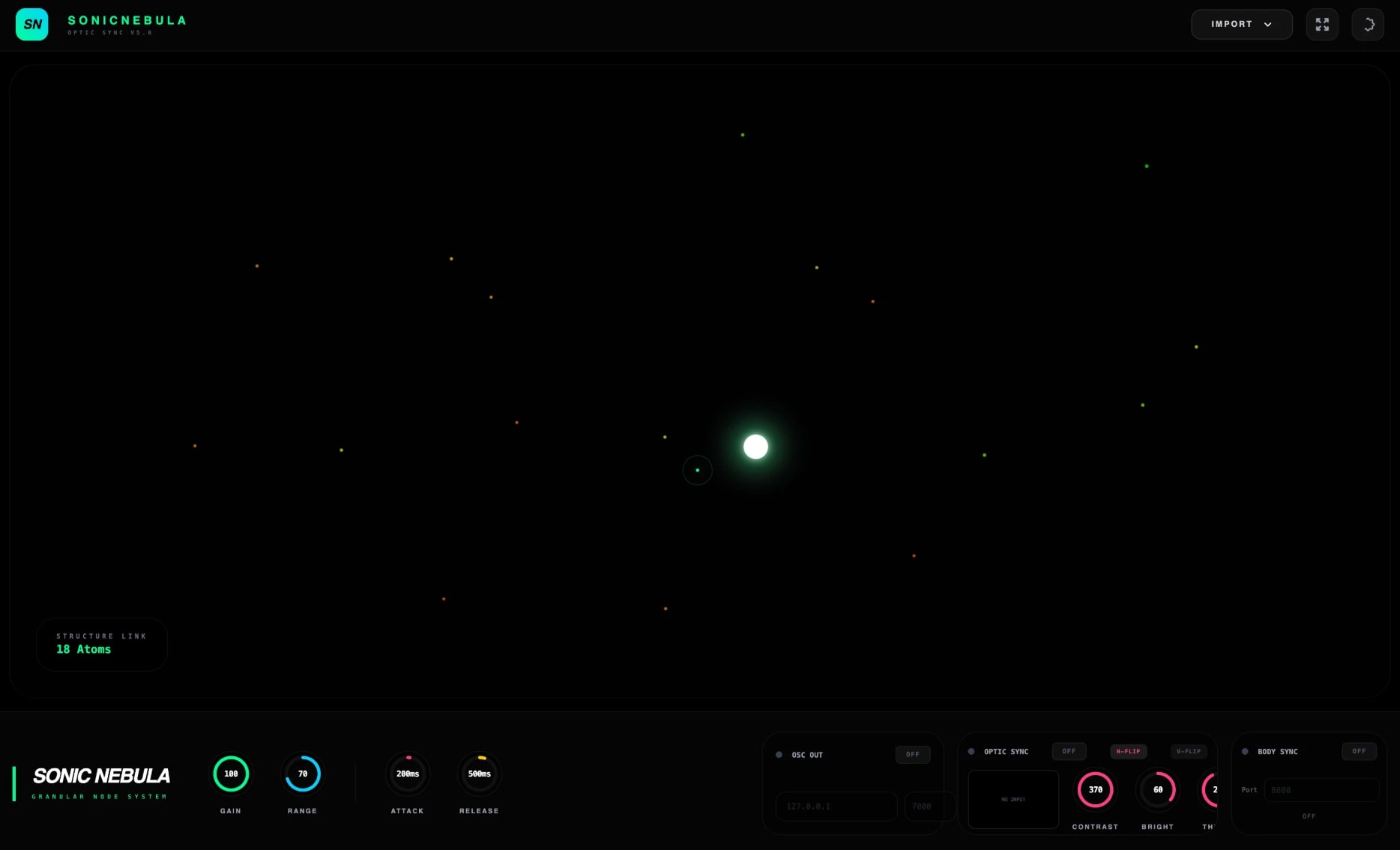 The SonicNebula interface: sound samples as points of light on black, with gain, range, attack and release controls below.